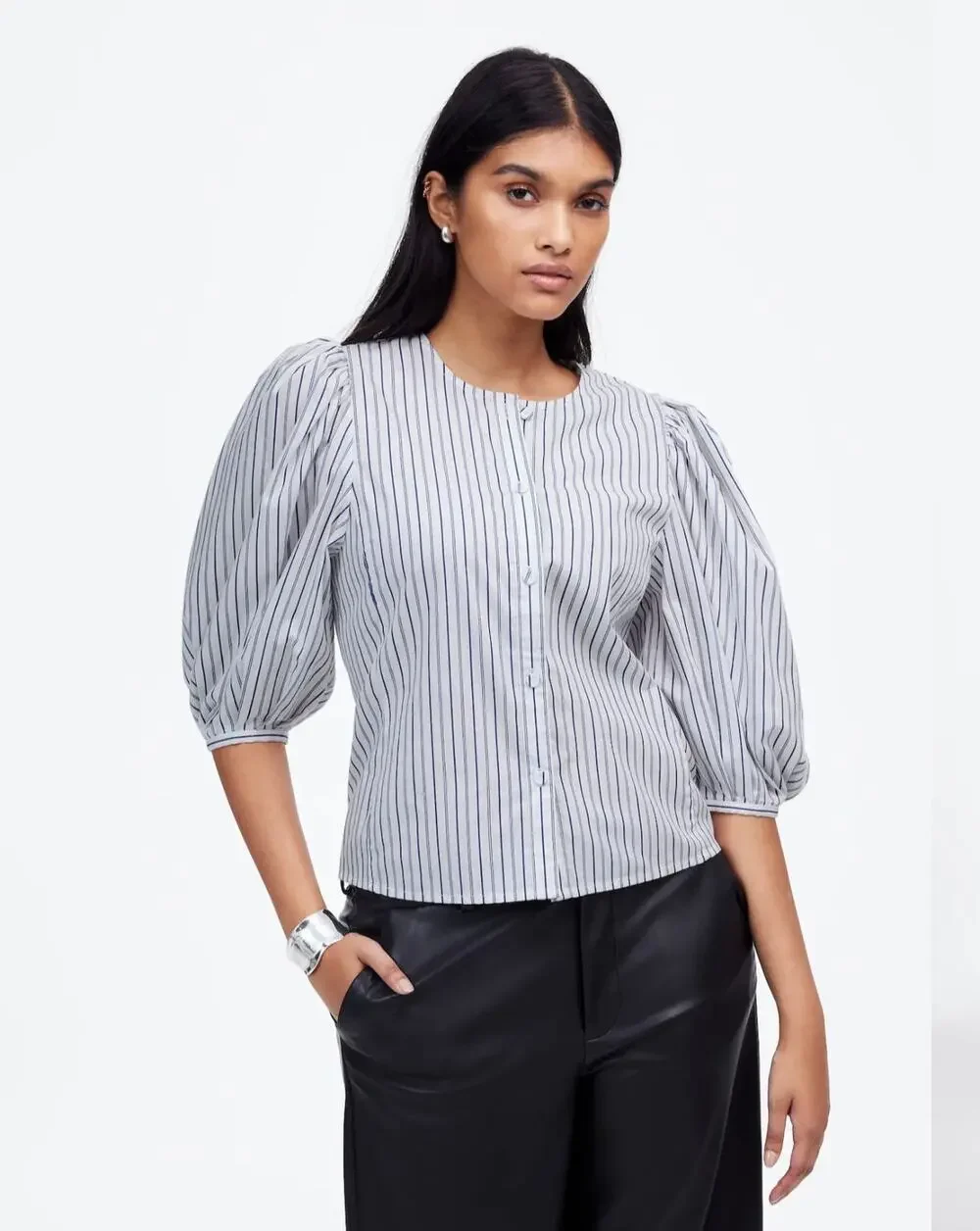 NWT Madewell Puff Sleeve Striped Cotton Button Up Top Women's 6 Navy Blue White